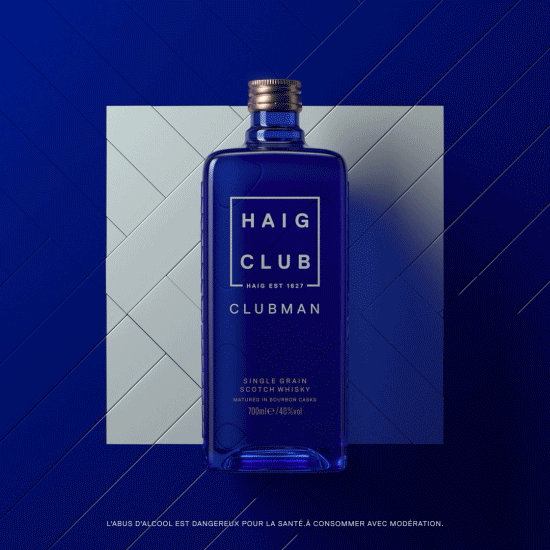 Animation 3D produit premium — bouteille Haig Club en rotation, rendu photoréaliste motion design luxe